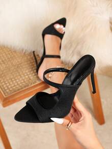 性感时尚尖头细高跟休闲百搭穆勒鞋款高跟凉鞋，细高跟鞋 - 黑色 - 查看 2