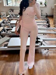 Yoga Sets Y2k Two Piece Workout Sets For Women Casual Solid Color Long Sleeve Workout Tops Cross Wrap Tie Deep V Neck Bandage Surplice Wrap Crop Top T Shirt And Elastic Flare Pants Set Skinny Bell Bottom Leggings Fitness Gym Athletic Sportswear Dance Ball