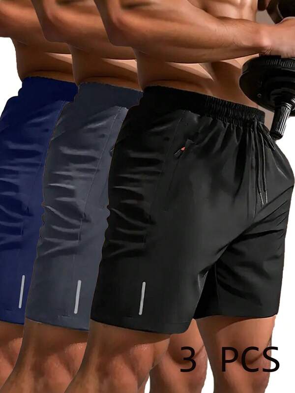 3 piezas Pantalones cortos de verano de secado rápido para hombres, con cordón y bolsillos con cremallera, adecuados para entrenamiento de verano, uso casual y actividades al aire libre