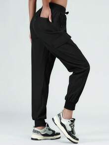 女士夏季速干跑步裤，带拉链口袋 - 时尚休闲透气慢跑裤，适合跑步、锻炼和日常活动 - 黑色 - 查看 3