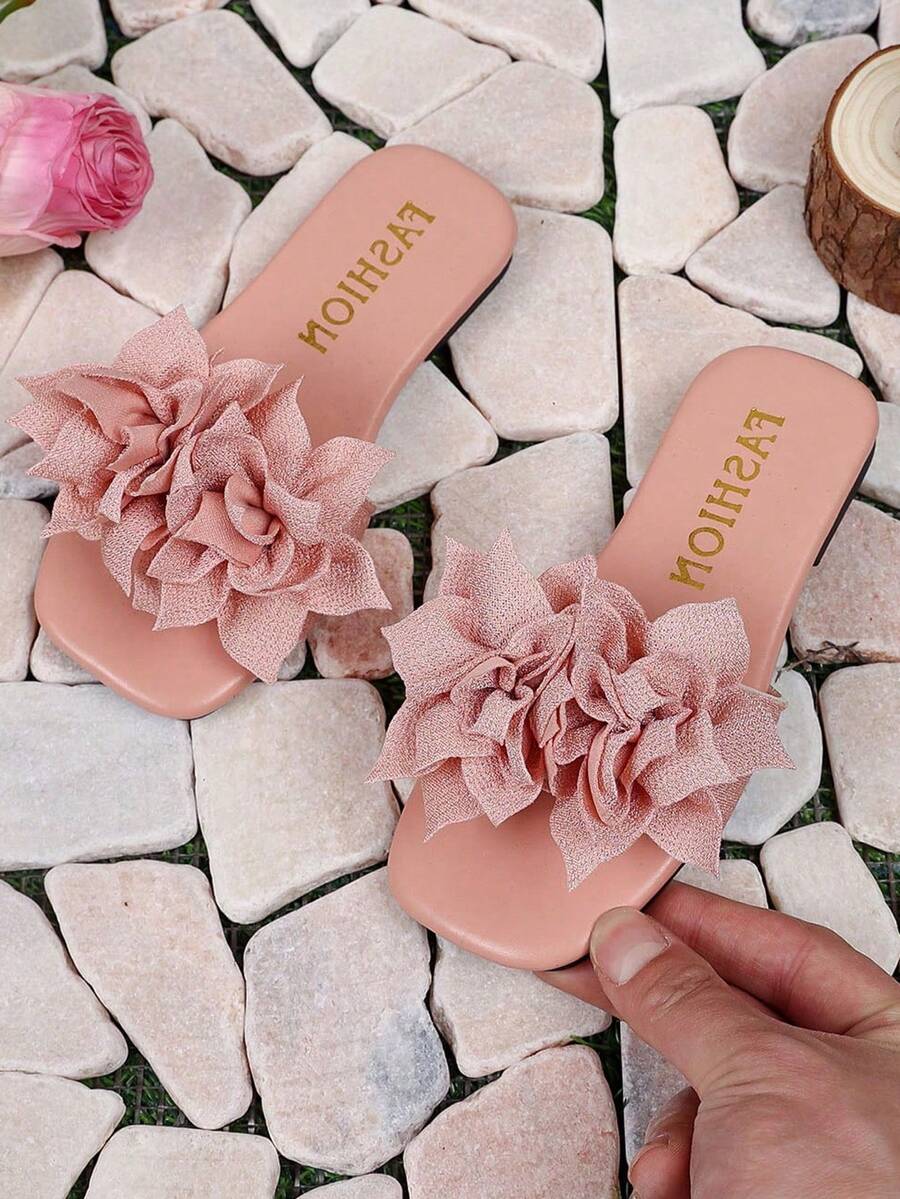 Girl's Flower Slipper, Open Toe Flat Casual Beach Sandal, Versatile - Pink - View 1