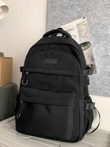 新款多层设计背包，简约百搭，大容量校园风背包，适合上学、旅行、书包、返校用品包，适用于中小学生和大学生。 - 黑色 - 查看 7