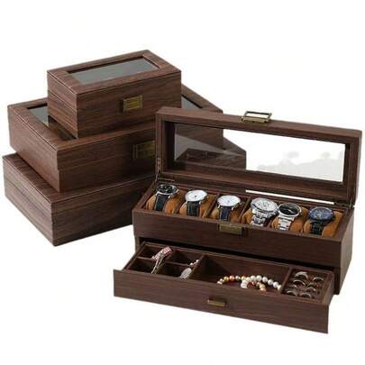 6-Slot Watch Display Box For Men, With Drawer And Glass Cover, 2-Layer Jewelry And Watch Storage, 6-Slot/12-Slot Watch Organizer Box, Wooden Grain PU Leather 6-Slot Double Layer Watch Case