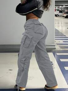 Cargo Women Pants Stretch Multi-Pocket Casual Y2K Style Black Baggy Pants - Màu Xám nhạt - Xem 2