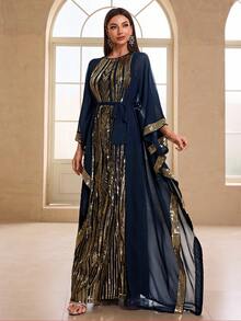 YISIKADO Bộ 2 váy dự tiệc cho nữ, kiểu váy chiffon sequin, trang trọng, váy, cho khách dự tiệc cưới - Màu xanh hải quân - Xem 6