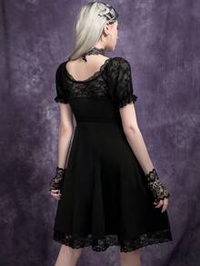 Lace Patchwork Short Sleeve Dress With Ruffle Trim