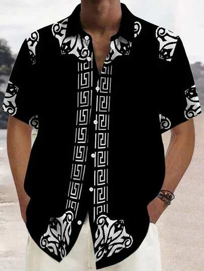 Camisa de manga corta con botones y estampado geométrico 3D de estilo barroco retro para hombres de talla grande, emo