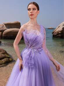 DELLA COUTURE Women Summer Elegant Light Purple Mesh Strapless Evening Gowns Handmade Beaded Exquisite Fashion Asymmetrical Neck Single Sleeve Slim Dress,Gorgeous Floor Length Dresses For Banquet, Dinner, Wedding And Other Formal Occasions Prom Guest Dress, Long Cocktail Gown, Party Dress - Mauve Purple - View 3