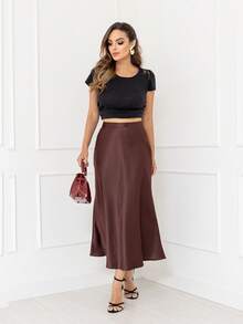 Elegant Long Skirt Women's Fashion Satin Skirt With Side Zipper Code167 - 棕色 - 查看 2