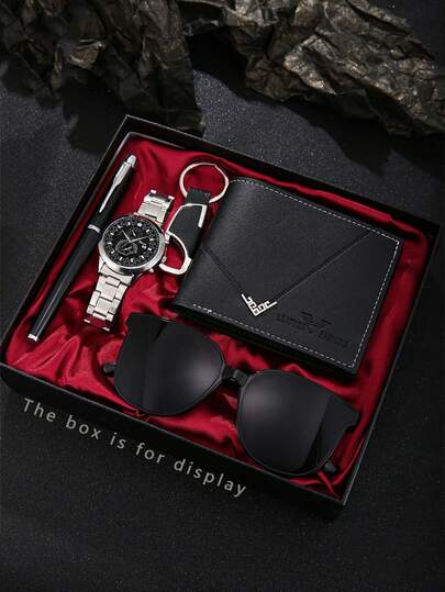 5件套奢华时尚男士休闲商务礼品套装，包含手表、钱包、眼镜、钢笔、钥匙扣。是送给父亲、朋友或亲戚的理想礼物。大容量，多卡位，商务休闲风格，生日礼物，毕业礼物，父亲节礼物。