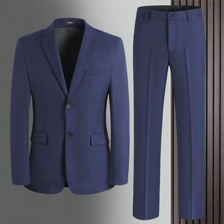 Men's Two-Piece Suit, Four Season Business Casual Suit, Two Button Back Slit Style, Wedding Work Banquet - 深藍色 - 查看 1