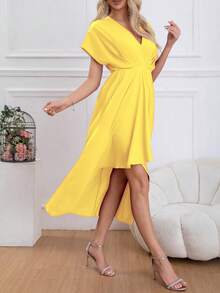 Vestido largo con escote en V para mujer, la falda es corta por delante y larga por detrás, diseño irregular, moderno, retro, elegante y atmosférico. - Amarillo - Ver 5
