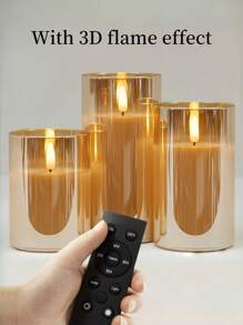 1pc/3pcs Flameless LED Candles, Flickering Battery Powered Candles, Electric Candle Set, Gold Glass Effect, With Remote Control Timer, 4 Inch, 5 Inch, 6 Inch Gifts Birthday Graduation