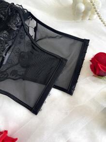 1pc Black Lace Rose & Mesh Padded Underwire Embroidered Floral Sheer Bodycon Bustier Top