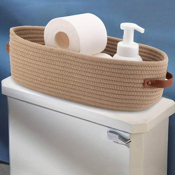 1 pieza Cesta de almacenamiento tejida en beige con asa - Caja de almacenamiento multiusos, adecuada para la parte superior del baño, escritorios o artículos de baño, accesorio de decoración del hogar de moda de vuelta a la escuela