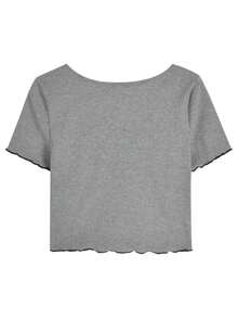 女式撞色 V 领短袖修身蕾丝边休闲 T 恤上衣，春夏