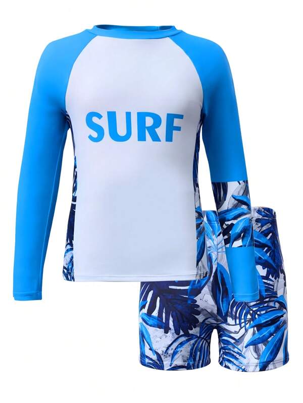 Conjunto de 2 piezas de traje de baño para niño preadolescente, con estampado de selva tropical, para niños de 8 a 12 años estudiantes deportivos