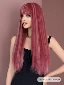 7JHH WIGS 26 Inch Long Straight Pink Wig For Women Mix White Highlight, Gorgeous Fluffy Synthetic Wig With Bangs, Natural Looking Very Soft Synthetic Heat Resistant Fiber Hair, Beautiful Full Machine Hair Wig For Girls Daily,Anime Or Costume Cosplay Decoration ,Music Festival Party Street Wear Use - 挑染粉色 - 查看 3