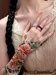 Set da 4 tatuaggi floreali temporanei di grandi dimensioni - Rosa nera, disegni floreali multicolori, tatuaggi floreali vintage tradizionali, impermeabili, a lunga durata, adatti per le donne, possono essere applicati su vita, braccio, gamba, schiena, spalla, per coprire cicatrici