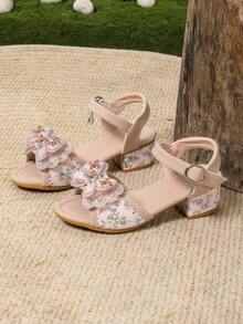 1 Pair Girl Floral Rhinestone PU High Heel Design, Fashionable Non-Slip Beach Resort Style Sandals, Summer - Pink - View 1