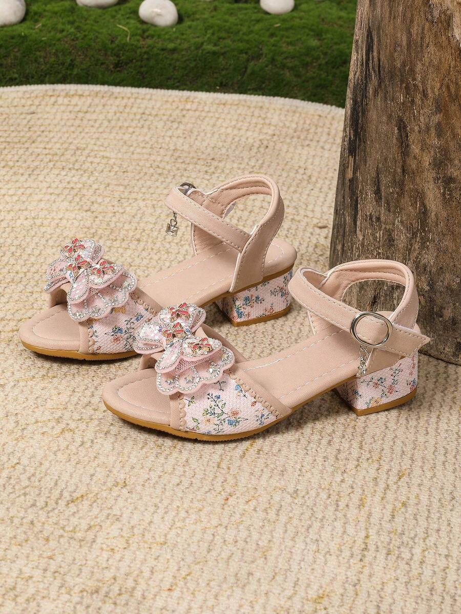 1 Pair Girl Floral Rhinestone PU High Heel Design, Fashionable Non-Slip Beach Resort Style Sandals, Summer - Pink - View 1