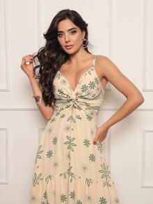 Women's Long Dress In Dune Fabric Print - Beige - View 4