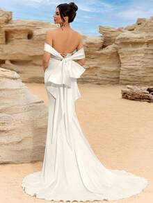 White Luxury Wedding Dress With Bow Satin Elegant Long Gown For Women - White - View 1