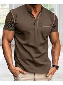 Men's Summer Henley Fitted Soft Stylish Contrast Color Button Down Crew Neck Short Sleeve Casual T-Shirt Tops - Army Green - View 4