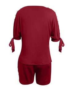2pcs Set Elegant Solid Color Pearl Decor Short Sleeve Top And Shorts - Burgundy - View 3