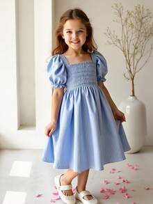 女童夏季方领甜美条纹泡泡袖连衣裙