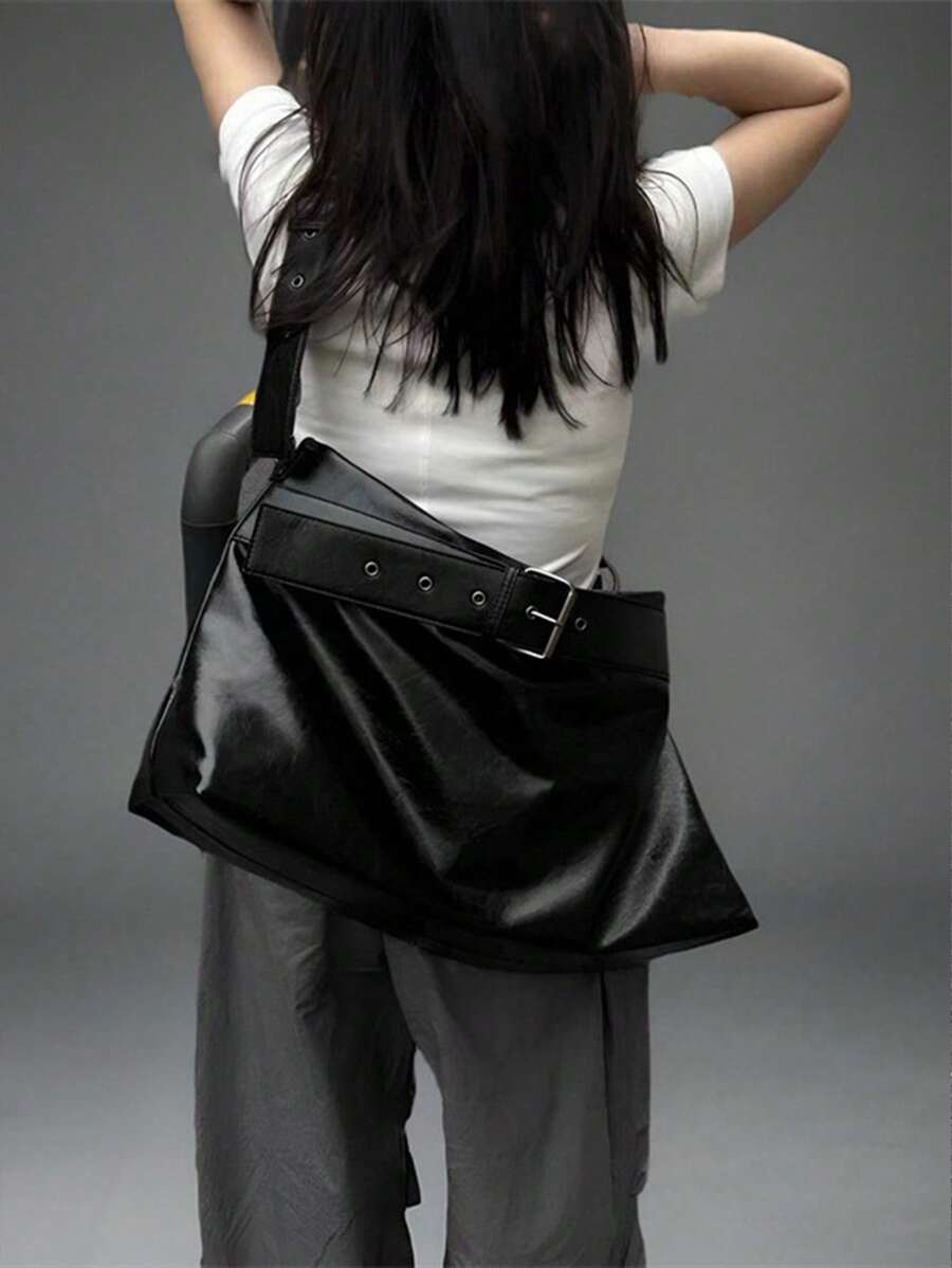 1pc Spacious Soft Leather-Feel Casual Tote Bag For Women, High-End Commute Everyday Carry Shoulder Bag With Unique Design, Retro Fashionable Versatile Underarm Bag, New Arrival Tote Bags For Woman - Black - View 1