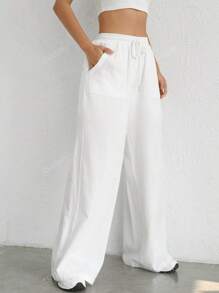 Set de 2 pantalones palazzo casuales, pantalones anchos de cintura con cordón, sólidos y estilizadores