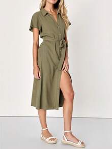 Robe de couleur unie pour femme, en tissu tissé casual - Vert - Voir 2