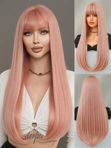 7JHH WIGS 28 Inch Long Straight Wigs For Women, Elegant Orange Pink Wig With Bangs Mixed Blonde Highlight Hair,Natural Looking Fluffy Very Soft Synthetic Heat Resistant Fiber Full Machine Hair Wig For Party Wear, Music Festival Celebrations & Cosplay Anime Use - 藕粉色 - 查看 3