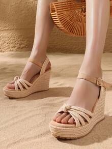 2026 New Summerbreak Platform Sandals For Women Summer Braided Strap Adjustable Buckle Thick Bottom Lightweight Apricot Beach Outfits Ladies Shoes - 杏色 - 查看 2