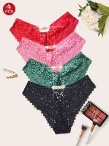 4 Stück Damen Strings in Kleinformat mit glänzendem Strass, halbdurchsichtige Unterwäsche aus floraler Spitze