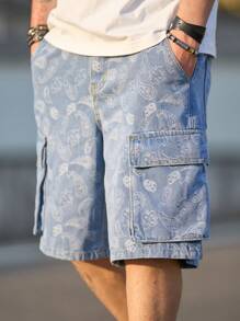 Pantaloni scurți casual bărbătești din denim albastru deschis, spălați, cu buzunare și imprimeu cu caju