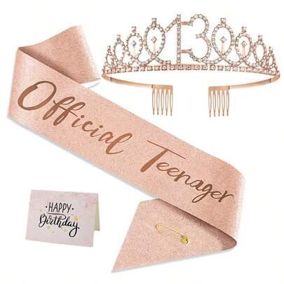 13-årsdekorationer för flickor, inklusive 13-årsbård, krona/tiara, roséguld presenter för tonårsflickor för 13-åriga födelsedagsdekorationer