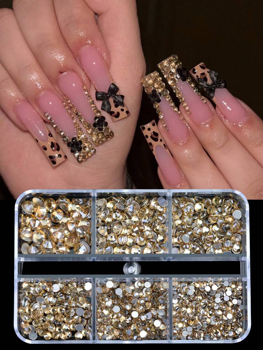 Bộ 6 lưới trang trí móng tay, kích thước đa dạng, kim cương giả dạng phẳng, keo dán đá, đá tự làm, miếng dán lấp lánh, da, pha lê không cần cố định nóng, vật dụng làm móng, móng tay, mặt dây chuyền, đá quý làm móng - Rượu sâm banh - Xem 1