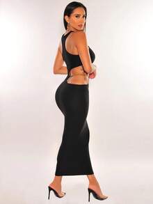 女式性感 Y2K 复古返校纯色镂空修身长裙