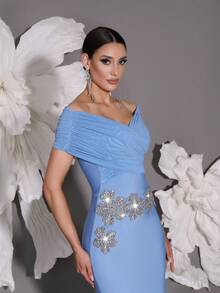 Váy dạ hội đan trễ vai, phong cách Châu Âu sang trọng thanh lịch, váy dạ hội xẻ tà gợi cảm - Màu xanh lam - Xem 5