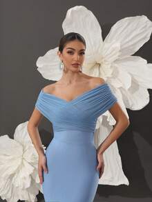 Off Shoulder Bandage Knit Bodycon Dress, Sexy Celebrity Style, Suitable For Family Gatherings, Parties, Banquets - Blue - View 3