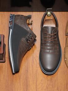 [Fast Arrival]  Men's Classic Black Checkered Derby Shoes - Durable, Non Slip Synthetic Leather Formal Shoes, Rubber Sole, Suitable For Business And Weddings, Tie Up, Round Toe - 棕色 - 查看 3