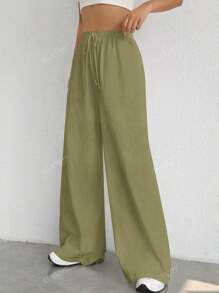 Set de 2 pantalones palazzo casuales, pantalones anchos de cintura con cordón, sólidos y estilizadores
