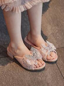 Kids High Heel Slippers For Girls, Fashion Korean Style Princess Shoes,Summer Children Outdoor Crystal Butterfly Sandals