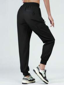 女士夏季速干跑步裤，带拉链口袋 - 时尚休闲透气慢跑裤，适合跑步、锻炼和日常活动 - 黑色 - 查看 5