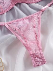 ROMWE Goth 法式时尚迷人设计，性感网状睫毛蕾丝文胸，青春诱人的半胸贴身内衣，诱人的透明内衣套装配丁字裤，适合浪漫之旅和梦幻之夜 - 粉色 - 查看 6