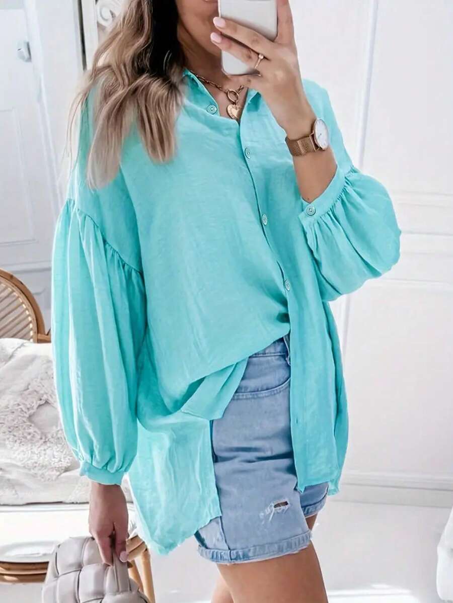 Women's Casual Simple Solid Color Lantern Sleeve Shirt - Blue - View 1