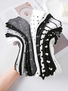 8 Pairs Kids/Teens Random Print Bow Polka Dot Striped Ruffle Mid-Calf Socks, Fashionable For Daily Wear - Multicolor - View 2