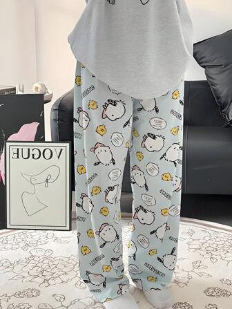 Sanrio Pantalones casuales de mujer con estampado de dibujos animados, pantalones de pijama cómodos y holgados, aptos para todas las estaciones, otoño, invierno